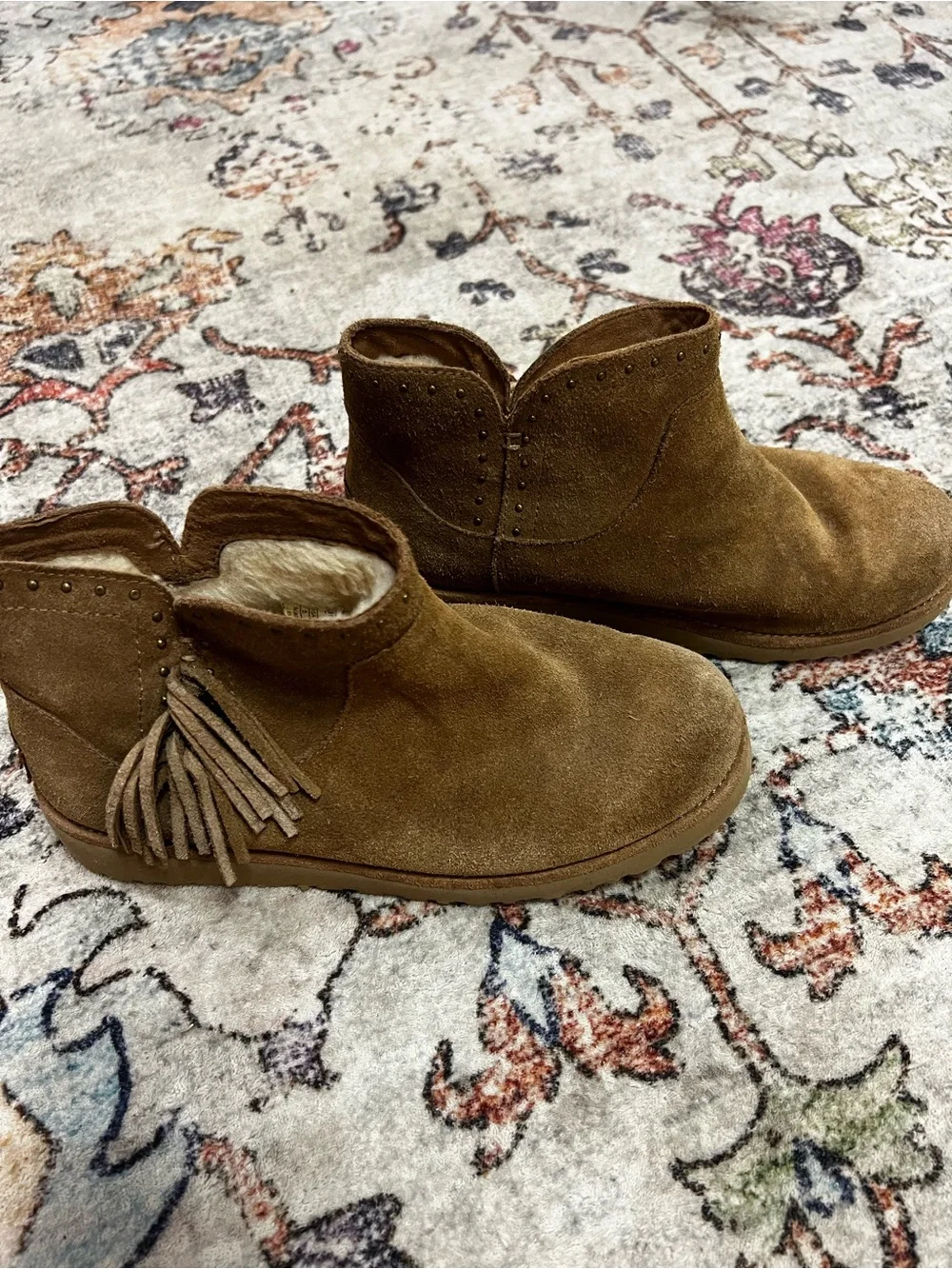 UGG Chestnut Suede Fringe Shearling Ankle Boots
